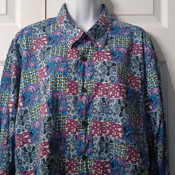 Alan Flusser turquoiuse purple printed long sleeve button down shirt  Sz XXL - Picture 3 of 9